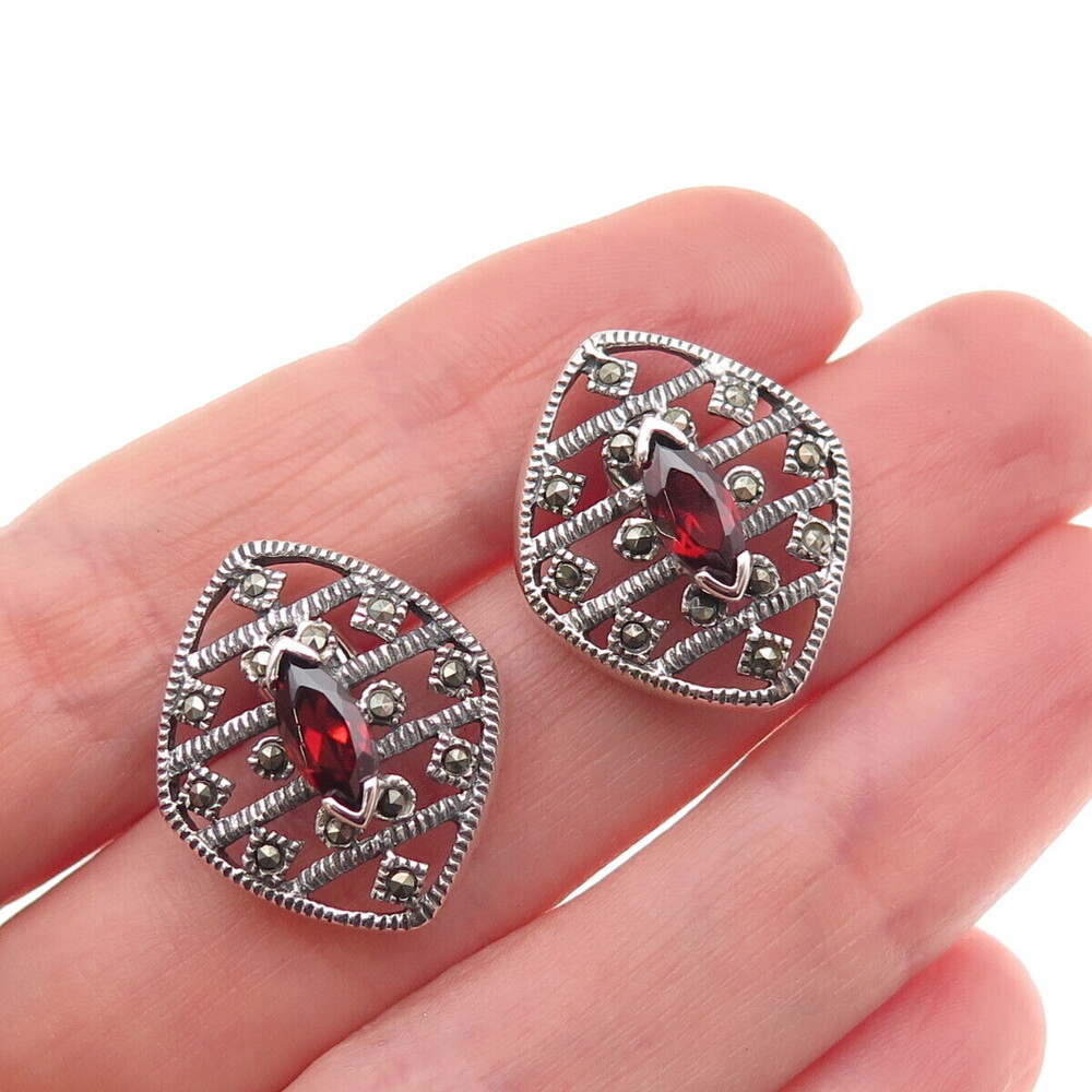 925 Sterling Silver Vintage Real Red Garnet & Marcasite Oxidized Earrings